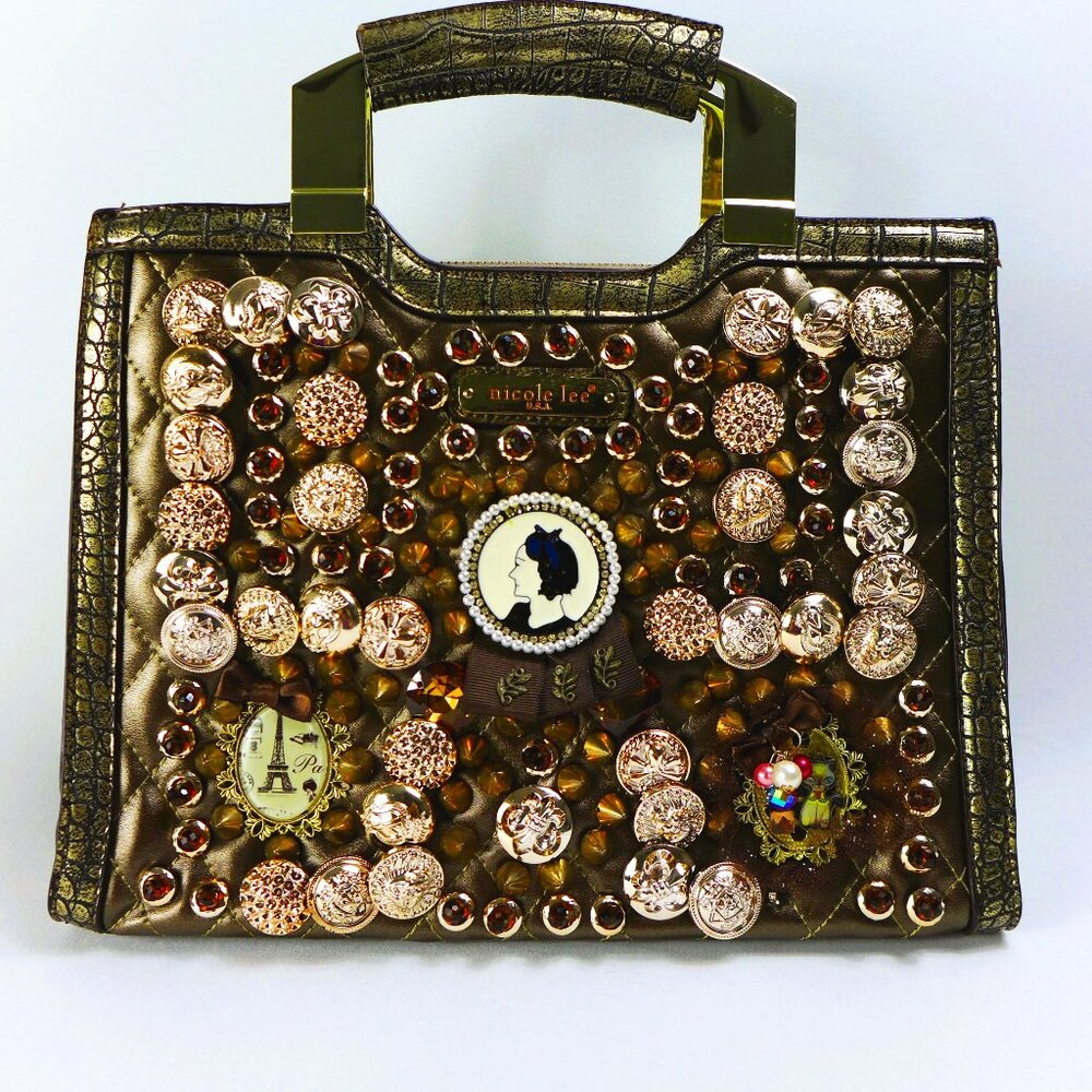 RARE Nicole Lee Button Bronze Spikes Jeweled handbag Quilted Ltd Edition NEW